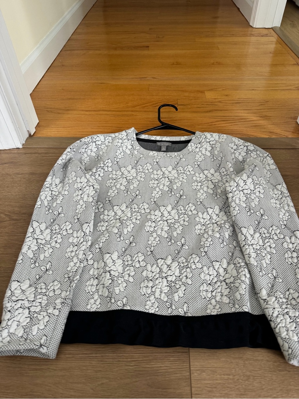 Talbots White Floral Lace-Print Sweatshirt with Black Hem